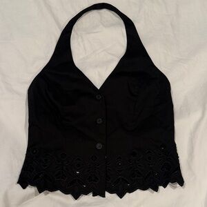 Cache Black Halter Tank Top with Lace Detail